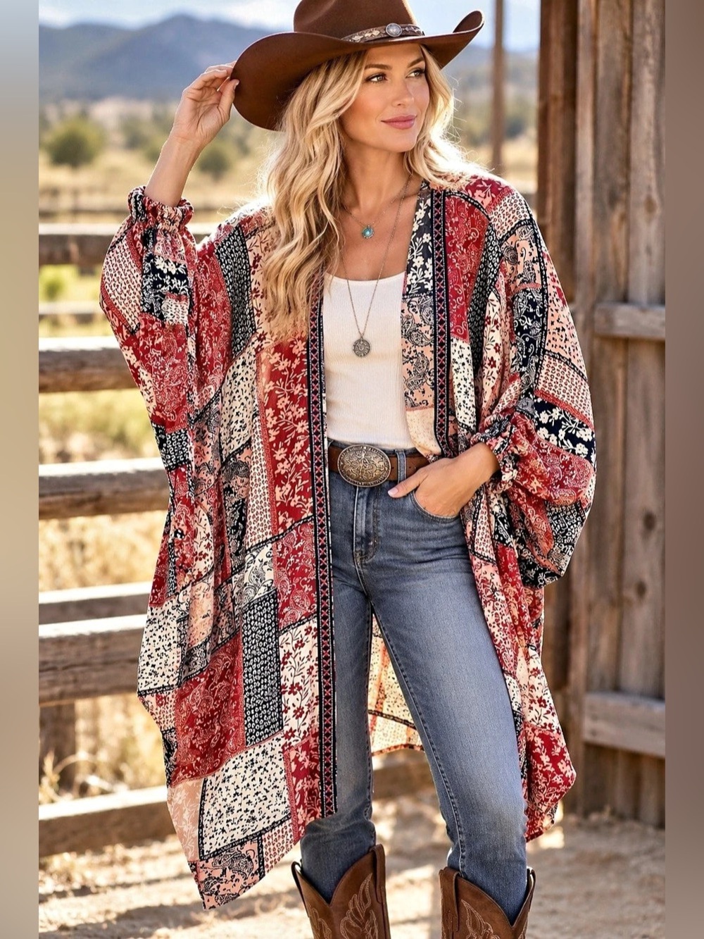Ariat Red Patchwork Boho Beth Kimono Wrap Cardigan Red & Black Small/Medium